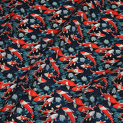 Tissu cotonnade motif japonais KOï aux poissons carpes koï rouges, fleurs et fond bleu - OEKO - TEX - tissuspipi.com