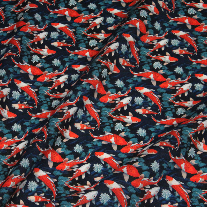 Tissu cotonnade motif japonais KOï aux poissons carpes koï rouges, fleurs et fond bleu - OEKO - TEX - tissuspipi.com