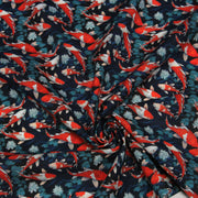 Tissu cotonnade motif japonais KOï aux poissons carpes koï rouges, fleurs et fond bleu - OEKO - TEX - tissuspipi.com