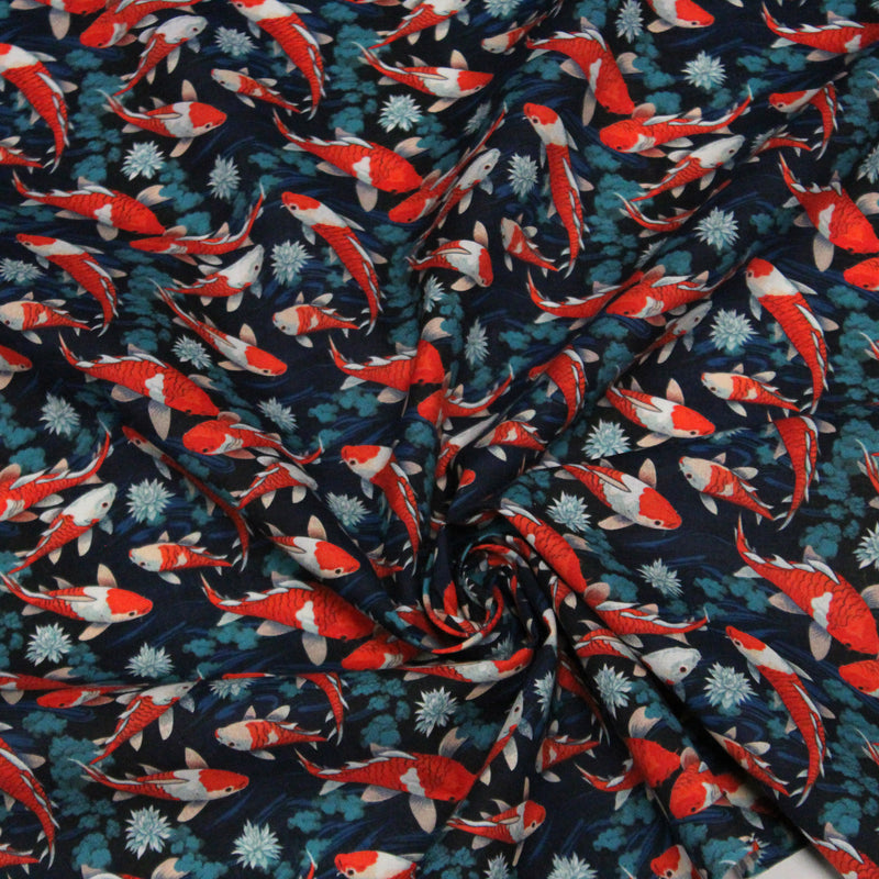 Tissu cotonnade motif japonais KOï aux poissons carpes koï rouges, fleurs et fond bleu - OEKO - TEX - tissuspipi.com