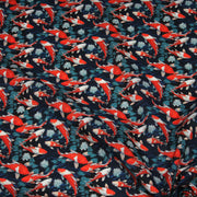 Tissu cotonnade motif japonais KOï aux poissons carpes koï rouges, fleurs et fond bleu - OEKO - TEX - tissuspipi.com
