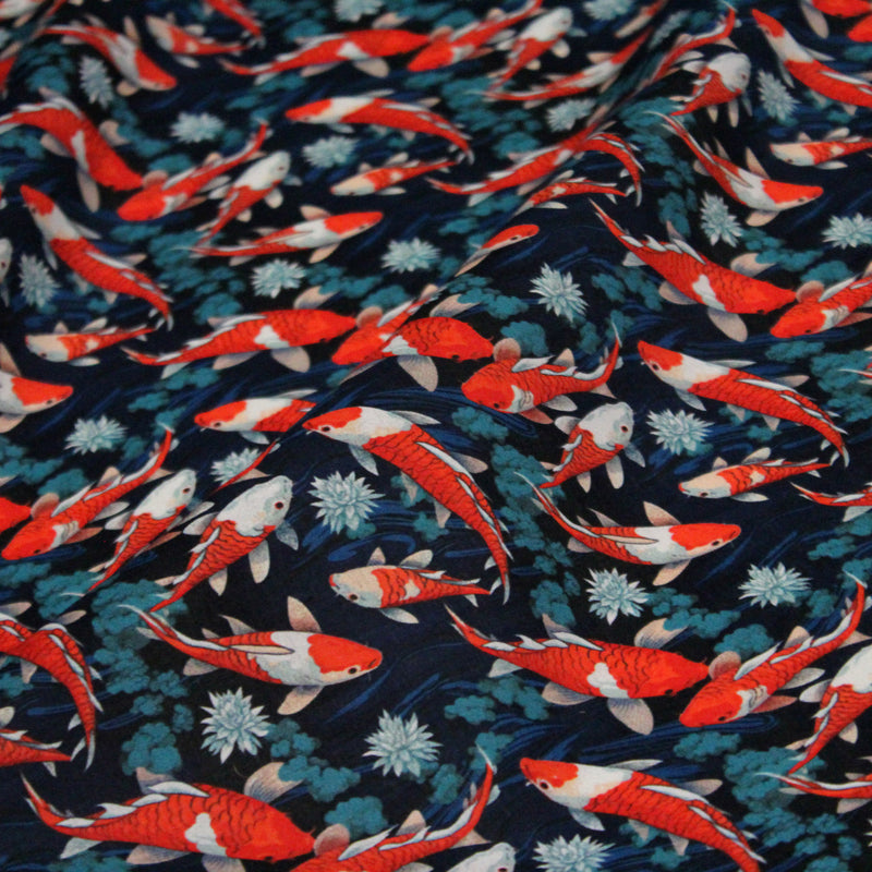 Tissu cotonnade motif japonais KOï aux poissons carpes koï rouges, fleurs et fond bleu - OEKO - TEX - tissuspipi.com