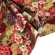 Tissu coton motif japonais TSURU aux grues dorées, chrysanthèmes & Seigaiha, fond rouge - COLLECTION JAPON DORÉ - tissuspipi.com