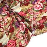 Tissu coton motif japonais TSURU aux grues dorées, chrysanthèmes & Seigaiha, fond rouge - COLLECTION JAPON DORÉ - tissuspipi.com