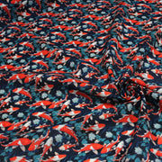 Tissu cotonnade motif japonais KOï aux poissons carpes koï rouges, fleurs et fond bleu - OEKO - TEX - tissuspipi.com
