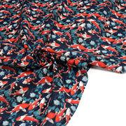 Tissu cotonnade motif japonais KOï aux poissons carpes koï rouges, fleurs et fond bleu - OEKO - TEX - tissuspipi.com