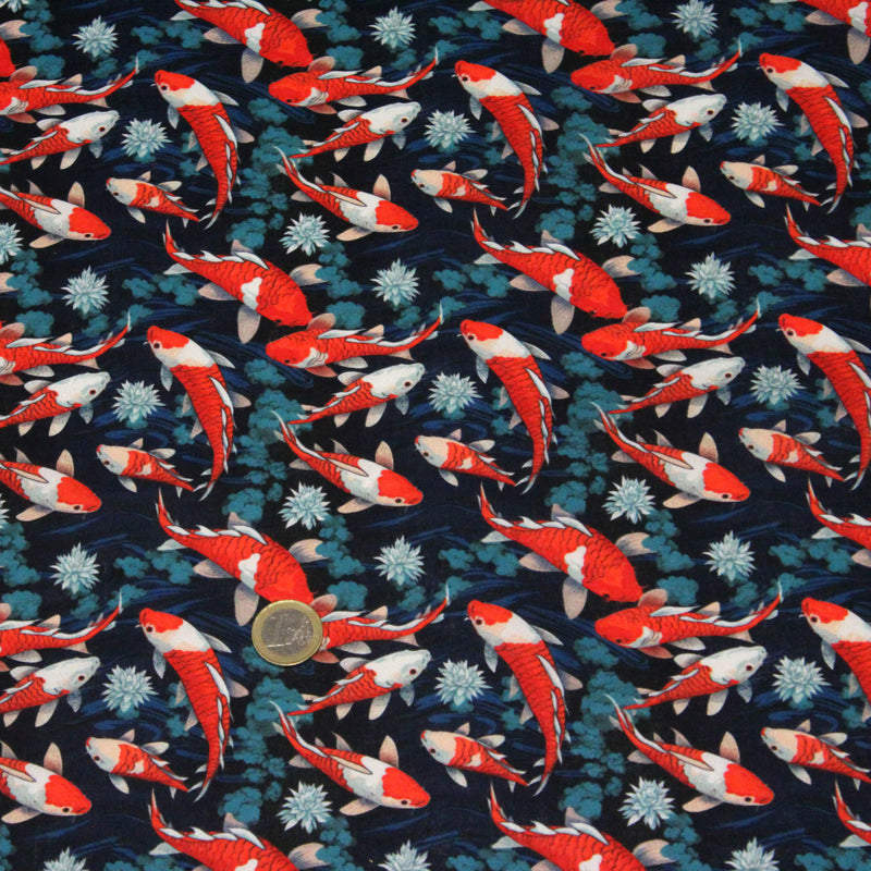 Tissu cotonnade motif japonais KOï aux poissons carpes koï rouges, fleurs et fond bleu - OEKO - TEX - tissuspipi.com