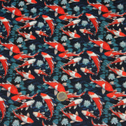 Tissu cotonnade motif japonais KOï aux poissons carpes koï rouges, fleurs et fond bleu - OEKO - TEX - tissuspipi.com