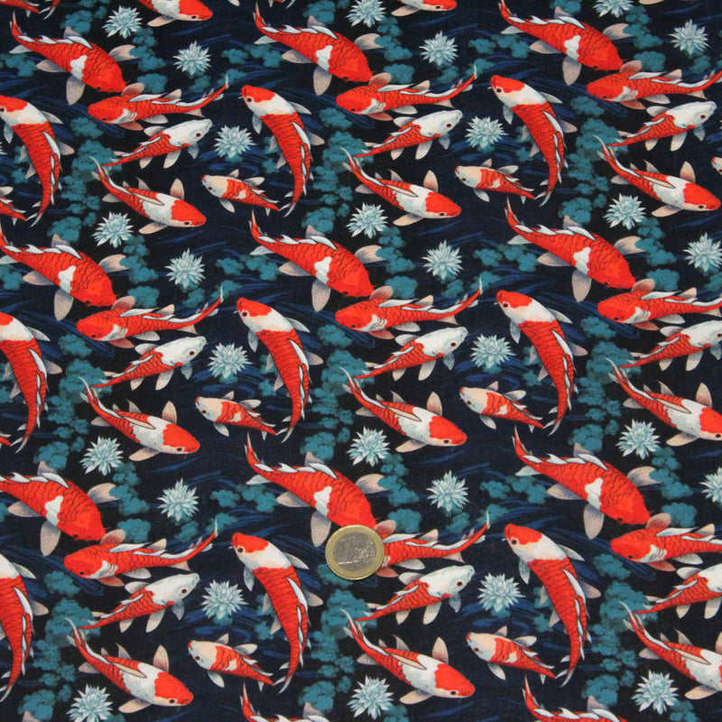 Tissu cotonnade motif japonais KOï aux poissons carpes koï rouges, fleurs et fond bleu - OEKO - TEX - tissuspipi.com