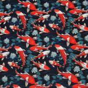 Tissu cotonnade motif japonais KOï aux poissons carpes koï rouges, fleurs et fond bleu - OEKO - TEX - tissuspipi.com