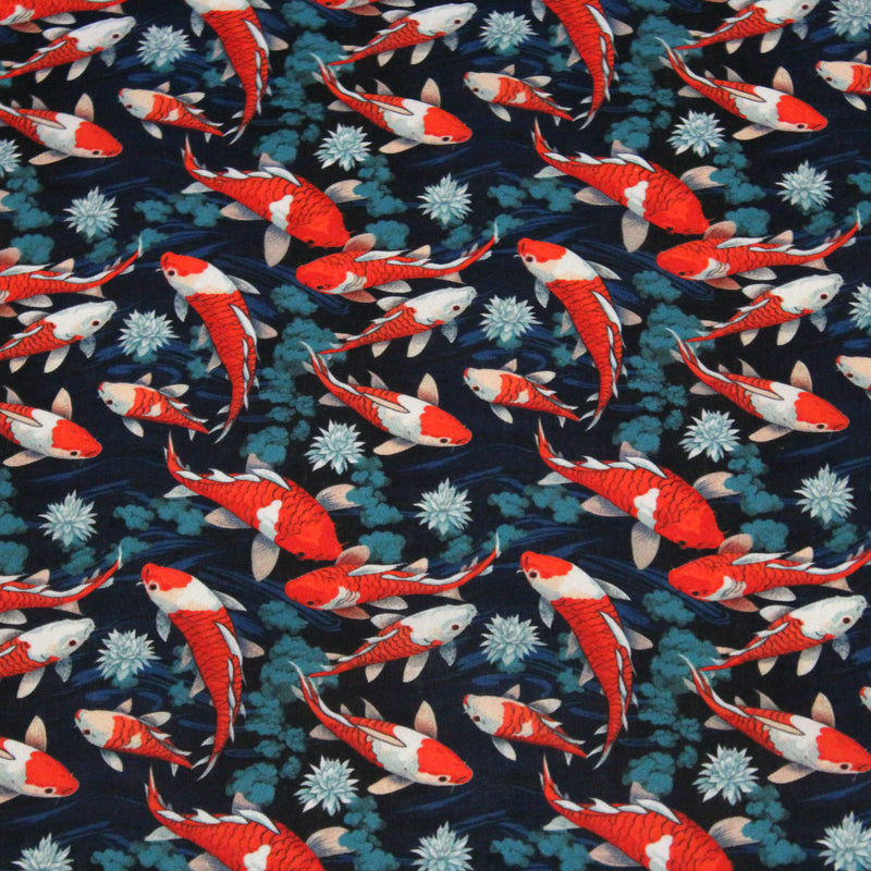 Tissu cotonnade motif japonais KOï aux poissons carpes koï rouges, fleurs et fond bleu - OEKO - TEX - tissuspipi.com