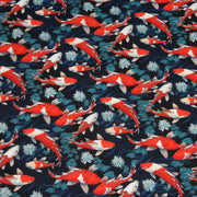 Tissu cotonnade motif japonais KOï aux poissons carpes koï rouges, fleurs et fond bleu - OEKO - TEX - tissuspipi.com