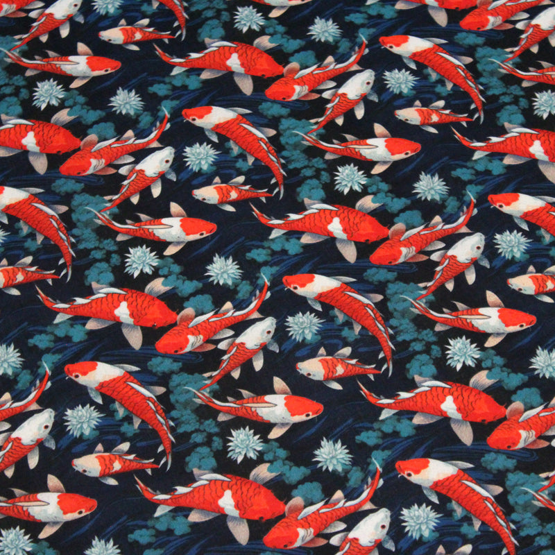 Tissu cotonnade motif japonais KOï aux poissons carpes koï rouges, fleurs et fond bleu - OEKO - TEX - tissuspipi.com