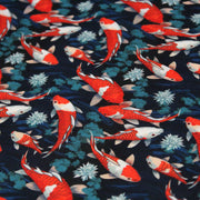 Tissu cotonnade motif japonais KOï aux poissons carpes koï rouges, fleurs et fond bleu - OEKO - TEX - tissuspipi.com
