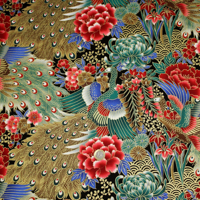 Tissu coton motif japonais aux paons dorés, tons bleus & rouges ou mauves & rouge - COLLECTION JAPON DORÉ - tissuspipi.com