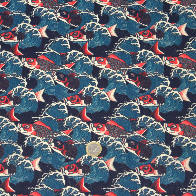 Tissu cotonnade motif japonais KOï aux poissons carpes koï rouges & vagues Hokusai - OEKO - TEX - tissuspipi.com