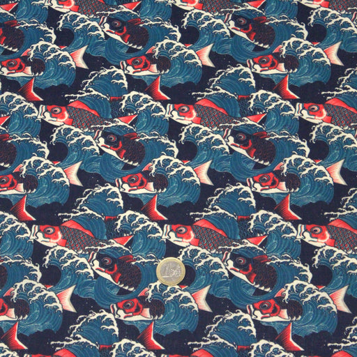 Tissu cotonnade motif japonais KOï aux poissons carpes koï rouges & vagues Hokusai - OEKO - TEX - tissuspipi.com