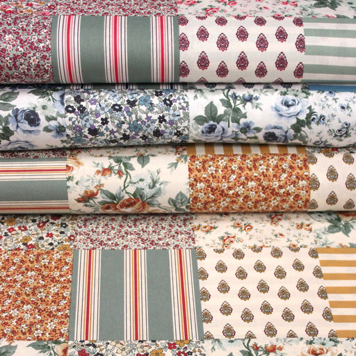 Tissu cotonnade motif patchwork imprimé floral et multicolore, trois teintes dispo : Rose / Bleu / Ocre - STANDARD 100 OEKO-TEX - tissuspipi.com