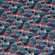 Tissu cotonnade motif japonais KOï aux poissons carpes koï rouges & vagues Hokusai - OEKO - TEX - tissuspipi.com