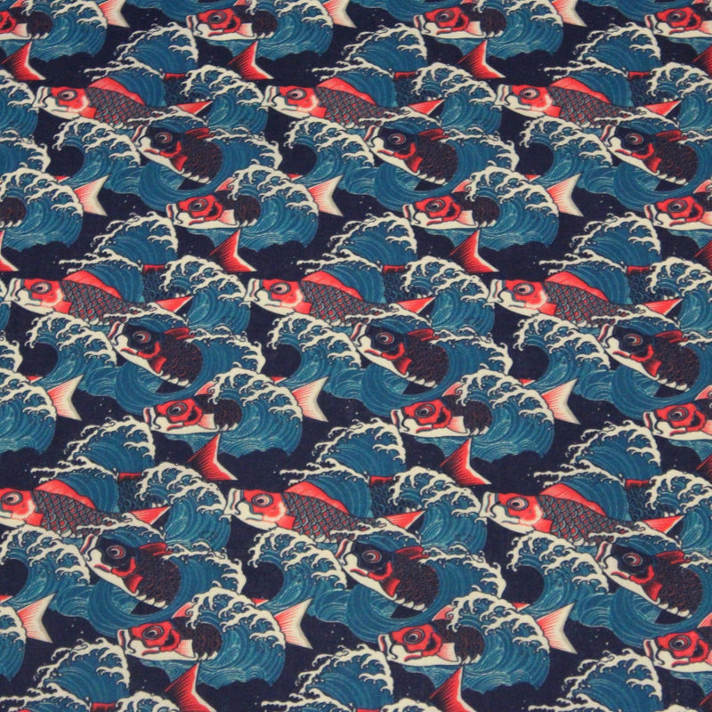 Tissu cotonnade motif japonais KOï aux poissons carpes koï rouges & vagues Hokusai - OEKO - TEX - tissuspipi.com