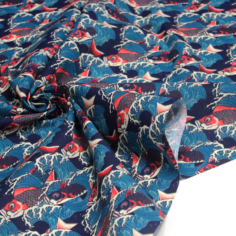 Tissu cotonnade motif japonais KOï aux poissons carpes koï rouges & vagues Hokusai - OEKO - TEX - tissuspipi.com