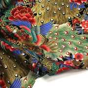 Tissu coton motif japonais aux paons dorés, tons bleus & rouges ou mauves & rouge - COLLECTION JAPON DORÉ - tissuspipi.com