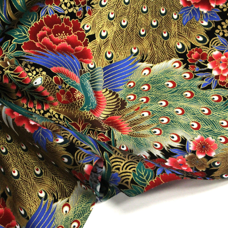 Tissu coton motif japonais aux paons dorés, tons bleus & rouges ou mauves & rouge - COLLECTION JAPON DORÉ - tissuspipi.com