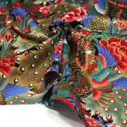 Tissu coton motif japonais aux paons dorés, tons bleus & rouges ou mauves & rouge - COLLECTION JAPON DORÉ - tissuspipi.com