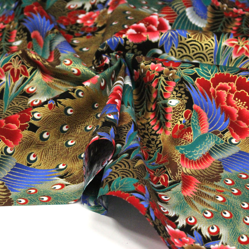 Tissu coton motif japonais aux paons dorés, tons bleus & rouges ou mauves & rouge - COLLECTION JAPON DORÉ - tissuspipi.com