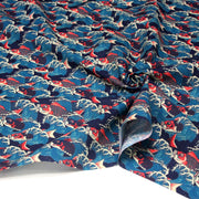 Tissu cotonnade motif japonais KOï aux poissons carpes koï rouges & vagues Hokusai - OEKO - TEX - tissuspipi.com