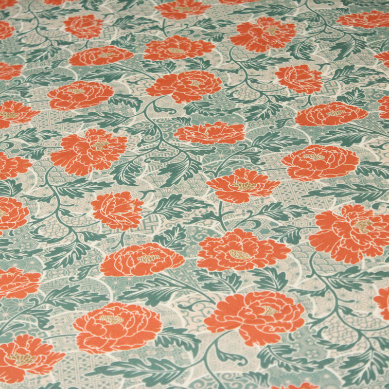 Tissu cotonnade NAOSHIMA fleurs pivoine oranges et motifs japonais vert amande - OEKO - TEX - tissuspipi.com