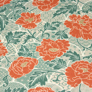Tissu cotonnade NAOSHIMA fleurs pivoine oranges et motifs japonais vert amande - OEKO - TEX - tissuspipi.com