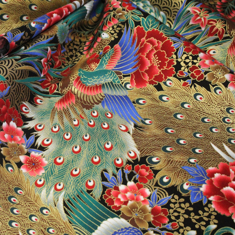 Tissu coton motif japonais aux paons dorés, tons bleus & rouges ou mauves & rouge - COLLECTION JAPON DORÉ - tissuspipi.com