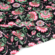 Tissu coton fin imprimé INDIENNES, noir aux fleurs roses rouges et vertes - tissuspipi.com