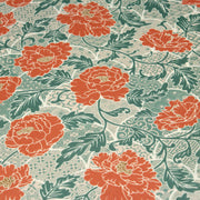 Tissu cotonnade NAOSHIMA fleurs pivoine oranges et motifs japonais vert amande - OEKO - TEX - tissuspipi.com