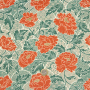 Tissu cotonnade NAOSHIMA fleurs pivoine oranges et motifs japonais vert amande - OEKO - TEX - tissuspipi.com