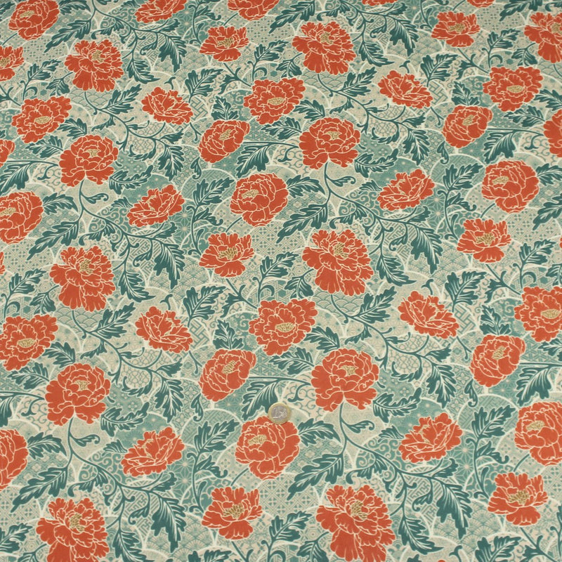 Tissu cotonnade NAOSHIMA fleurs pivoine oranges et motifs japonais vert amande - OEKO - TEX - tissuspipi.com
