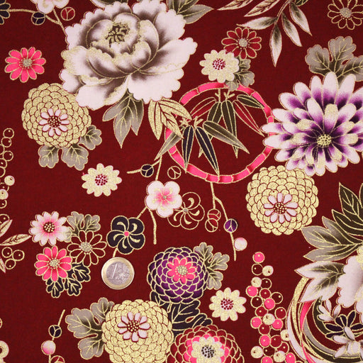 Tissu coton motif japonais aux fleurs dorées, fond bleu ou rouge - COLLECTION JAPON DORÉ - tissuspipi.com