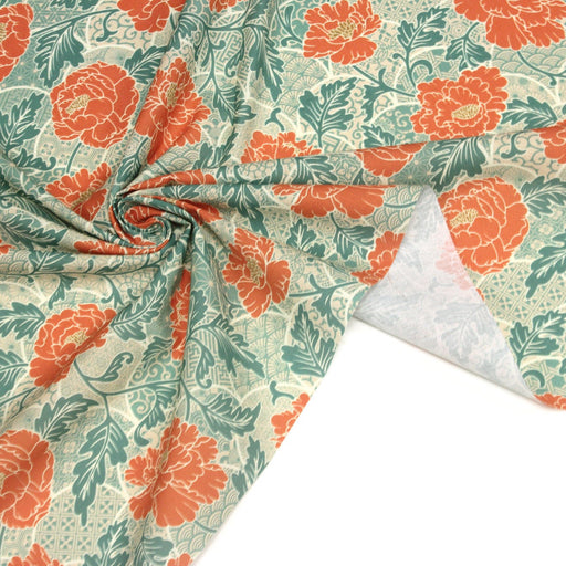 Tissu cotonnade NAOSHIMA fleurs pivoine oranges et motifs japonais vert amande - OEKO - TEX - tissuspipi.com