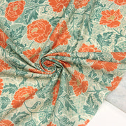 Tissu cotonnade NAOSHIMA fleurs pivoine oranges et motifs japonais vert amande - OEKO - TEX - tissuspipi.com