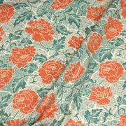 Tissu cotonnade NAOSHIMA fleurs pivoine oranges et motifs japonais vert amande - OEKO - TEX - tissuspipi.com