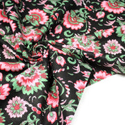 Tissu coton fin imprimé INDIENNES, noir aux fleurs roses rouges et vertes - tissuspipi.com