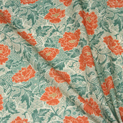 Tissu cotonnade NAOSHIMA fleurs pivoine oranges et motifs japonais vert amande - OEKO - TEX - tissuspipi.com