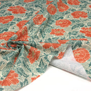 Tissu cotonnade NAOSHIMA fleurs pivoine oranges et motifs japonais vert amande - OEKO - TEX - tissuspipi.com