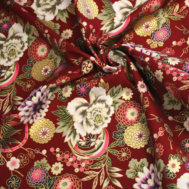 Tissu coton motif japonais aux fleurs dorées, fond bleu ou rouge - COLLECTION JAPON DORÉ - tissuspipi.com