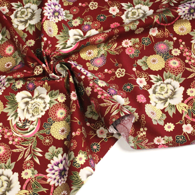 Tissu coton motif japonais aux fleurs dorées, fond bleu ou rouge - COLLECTION JAPON DORÉ - tissuspipi.com