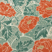 Tissu cotonnade NAOSHIMA fleurs pivoine oranges et motifs japonais vert amande - OEKO - TEX - tissuspipi.com