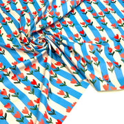 Tissu habillement imperméable, Rayures bleues & tulipes roses rouges - STANDARD 100 by OEKO-TEX - tissuspipi.com