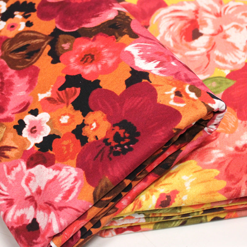 Tissu gabardine coton imprimée fleuri Vintage : tons estivaux ou tons automnaux - OEKO-TEX STANDARD 100