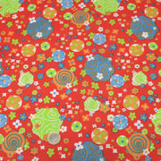 Tissu cotonnade SEVENTIES rouge et formes psychédéliques oranges, bleues, vertes - tissuspipi.com